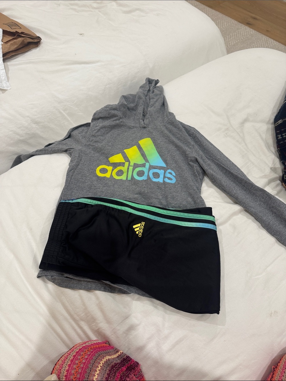adidas Gray Hoodie with Multicolor Logo & Black pants  with Teal Stripes